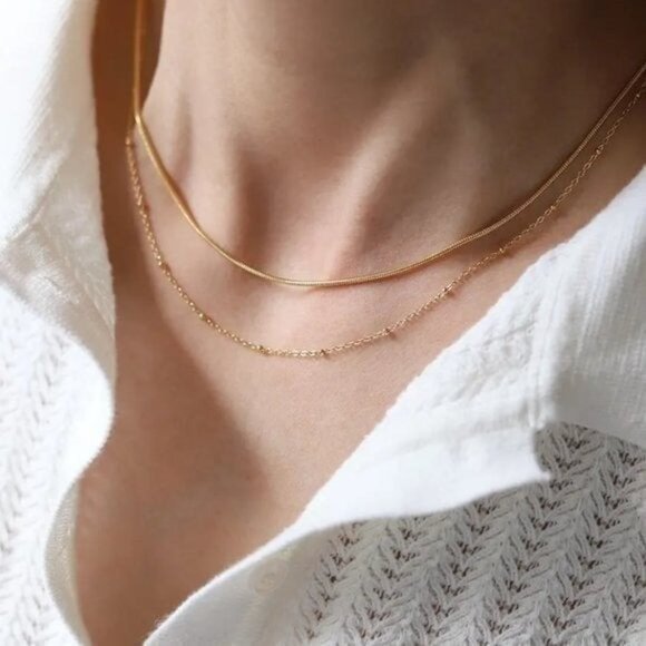 DAINTY DOUBLE layered Necklace Gold Snake chain Waterproof Gold Beaded chain - Picture 6 of 13